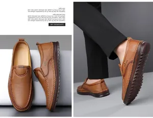 Detail of brown leather loafers featuring contrast stitching and anti-slip rubber soles