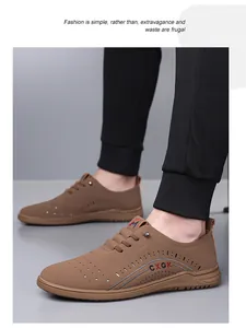 Macro detail of brown leather casual loafers with breathable perforated upper design