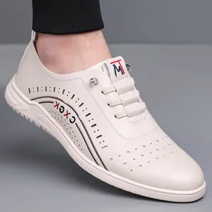Men's Casual Hollow-out Leather Shoes Summer Breathable Microfiber Leather Slip-on Loafers Non-slip Soft Sole Sneakers For Men