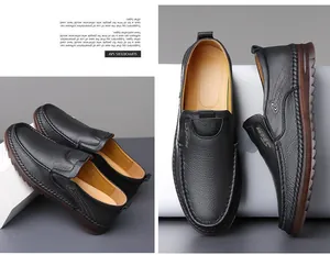 Detail of men's slip-on leather loafers featuring litchi grain and anti-slip rubber soles