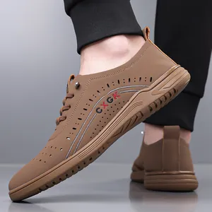 Men's dark brown hollow breathable leather sandals with non-slip soft rubber soles