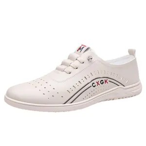 Men's breathable hollow leather sandals in cream white with non-slip rubber soles