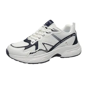 Men's breathable flyknit mesh sneakers in white and navy blue with fashion sport accents