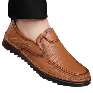 Men's brown leather loafers with hand-stitched details and non-slip rubber soles