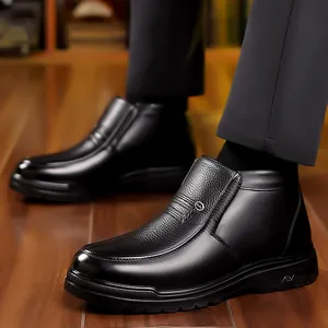 Men's waterproof winter leather boots with warm fleece lining and non-slip rubber soles