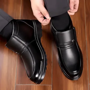 Waterproof black leather winter men shoes with plush lining and non-slip rubber sole