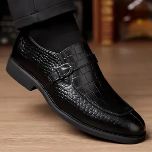 Men's business monk strap shoes with black crocodile embossed leather texture