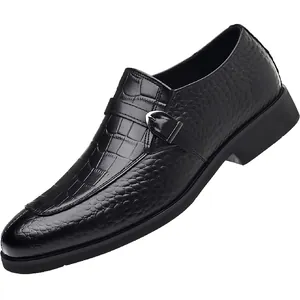 Men's black monk strap leather shoes with crocodile texture and buckle closure
