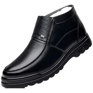 Men's black winter high-top boots in textured leather with thick non-slip rubber soles