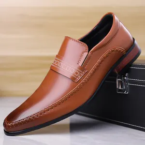 Men's Cowhide Business Leather Shoes Slip-On Pointed Toe Loafers Formal Wedding Dress Shoes For Men Office British Style