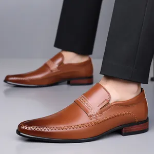 Brown leather formal business loafers with side stitching and wooden texture heel