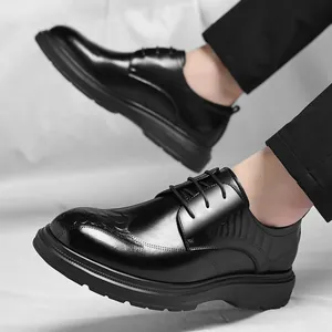 Men's black leather business casual dress shoes with crocodile texture on rubber sole
