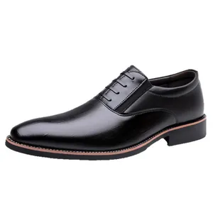 Polished black leather men's business dress shoes with decorative laces and side elastic