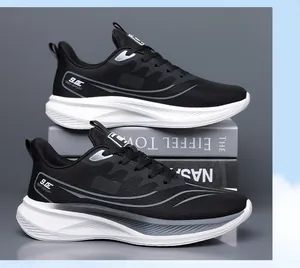 Close-up of breathable mesh upper and durable non-slip sole of black running sneakers