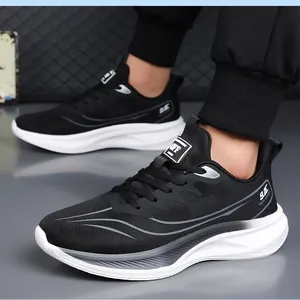 Close-up of black breathable mesh sneaker with shock-absorbing thick white sole