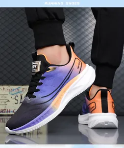 Detail of breathable gradient knit running shoes with thick cushioned soles and lace system