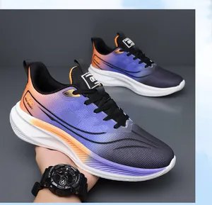 Detail view of breathable gradient sports shoes with thick white anti-slip sole
