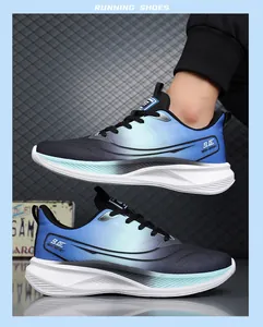 Detailed side view of gradient blue and black breathable mesh running shoes with MD soles