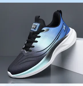 Detail view of the breathable mesh upper and gradient color design on sports shoes