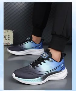Detailed side view of breathable black and blue gradient mesh sneakers with cushioned sole