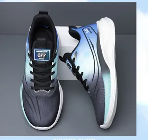 Detail view of breathable mesh running shoes with blue gradient and thick anti-slip sole