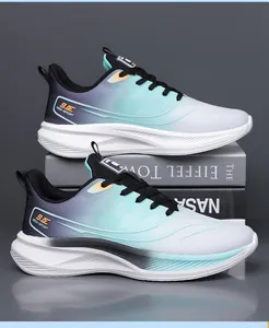 Detailed macro view of breathable mesh texture and gradient design on the sporty running shoe