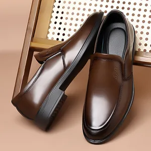 Men's slip-on business leather shoes in gradient brown with a durable rubber sole