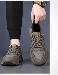 Detailed shot of men's casual leather sneaker with fashion logo and textured shoelaces