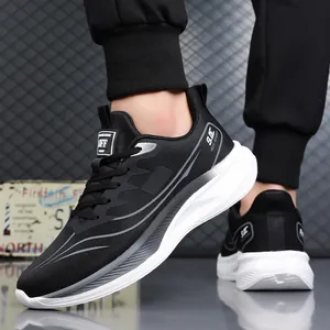 Lightweight breathable black mesh running sneakers with white cushioning sole for men