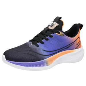Lightweight breathable running shoes with purple-orange gradient and mesh upper