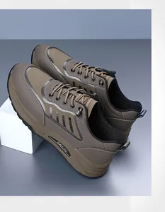 Detail of brown leather casual sneakers featuring striped design and thick cushioned soles