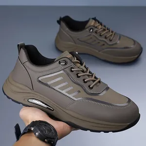 Men's khaki leather casual slip-on sneakers with breathable upper and cushioned EVA sole