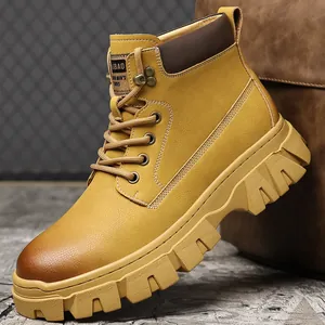 Bottines Martin pour Hommes en Cuir Microfibre Semelle Épaisse Bottes de Travail Style Britannique Chaudes Doublées Hiver Jaune Noir