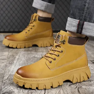 Bottes de travail en cuir nubuck jaune pour hommes avec semelle épaisse pour la randonnée