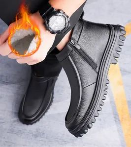 Detail of warm plush lining and premium black leather texture on men high-top boots