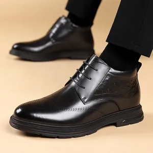 Men's black Brogue high-top boots with warm wool lining and anti-slip thick rubber sole