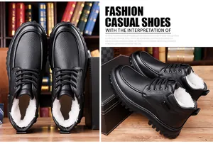 Detail of men's black leather winter boots with warm plush lining and thick rubber sole