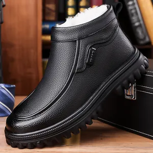 Men Winter Boots Faux Fur Lined Warm High Top Shoes Microfiber Leather Lychee Texture Non Slip Thick Sole Casual Work Boots