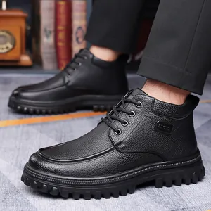 Men's black warm high-top leather boots with non-slip thick soles and sport badge