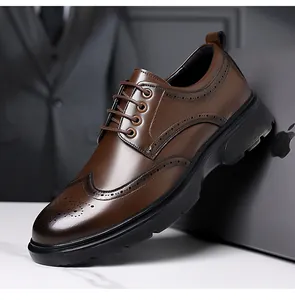 Detailed view of dark brown wingtip brogue carving on polished leather business shoes