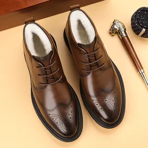 Brown leather brogue boots with warm wool lining and classic lace-up design