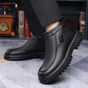 Men's black leather winter boots with warm fur lining and thick rubber sole