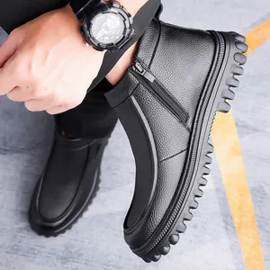 Men's winter leather boots with warm fleece lining and thick rubber sole in black