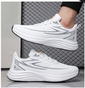 Detailed close-up of white breathable sports shoes with thick cushioned rubber foam soles
