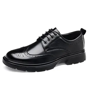 Black Brogue derby shoes for men with wingtip carving and thick rubber soles