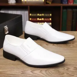 White glossy patent leather slip-on dress shoes for men with sleek pointed toe and black sole