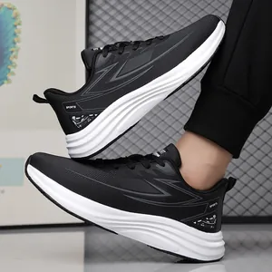 Men's stylish black sports shoes with breathable fabric and durable thick white soles