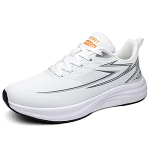White and gray lightweight mesh running shoes for men with thick cushioned white soles