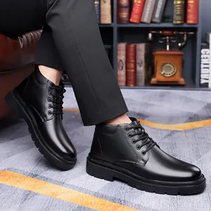 Bottines noires pour hommes en cuir poli avec semelle antidérapante épaisse
