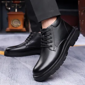 Bottines noires en cuir pour hommes style décontracté avec semelles en caoutchouc épais